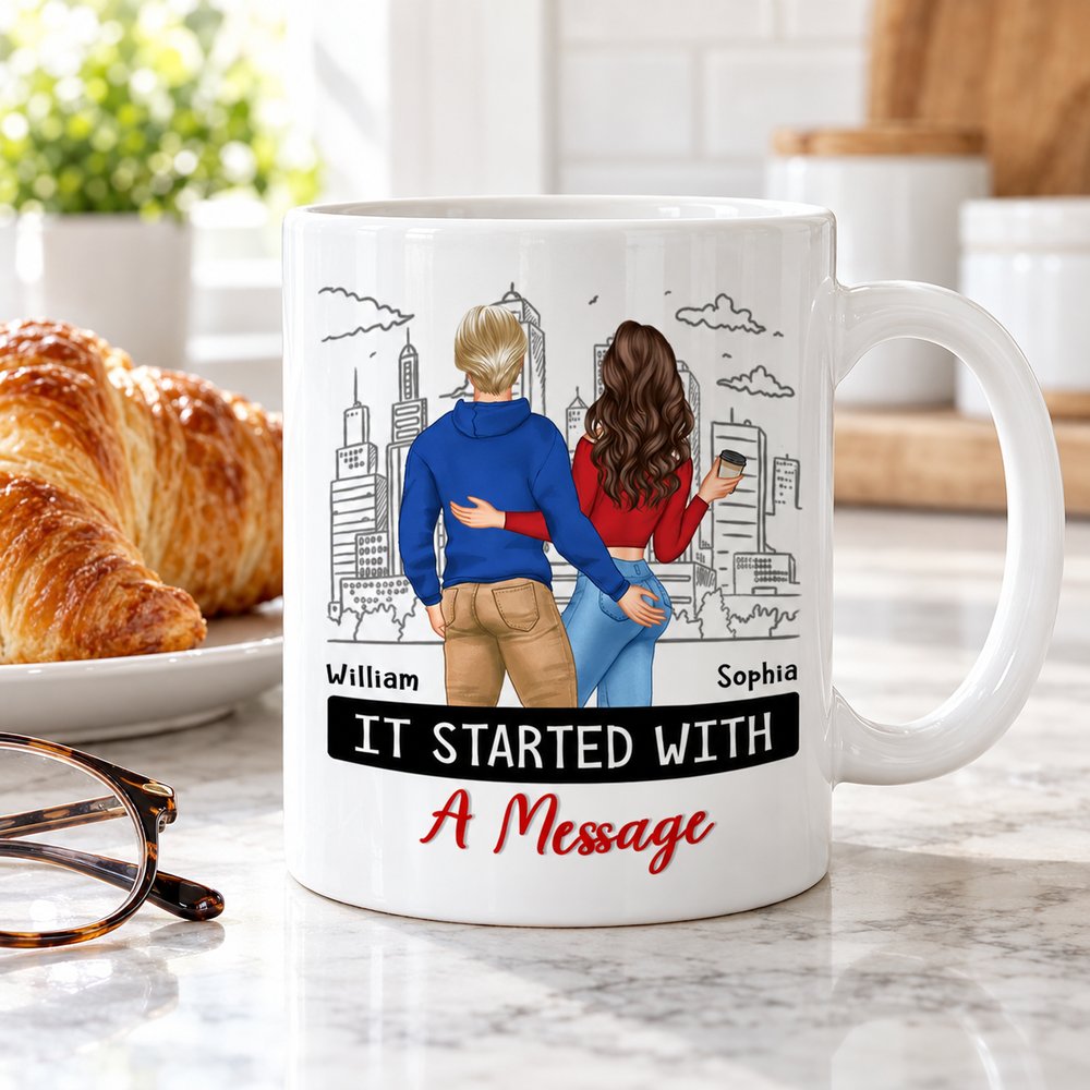 Personalized 11oz couple mug next to croissant and glasses on kitchen counter showing scale