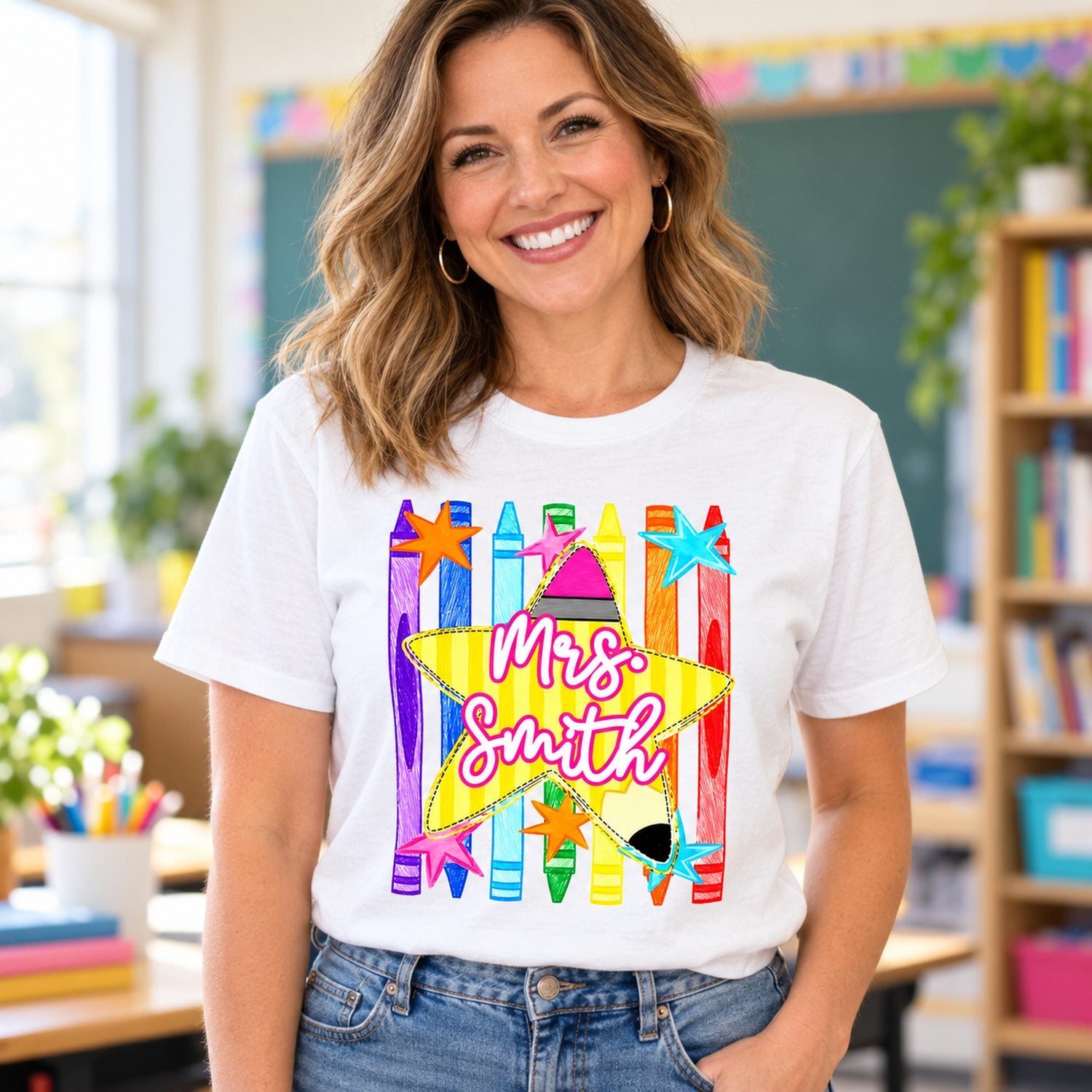 Teacher wearing custom Mrs Smith pencil star and rainbow crayons t-shirt in classroom