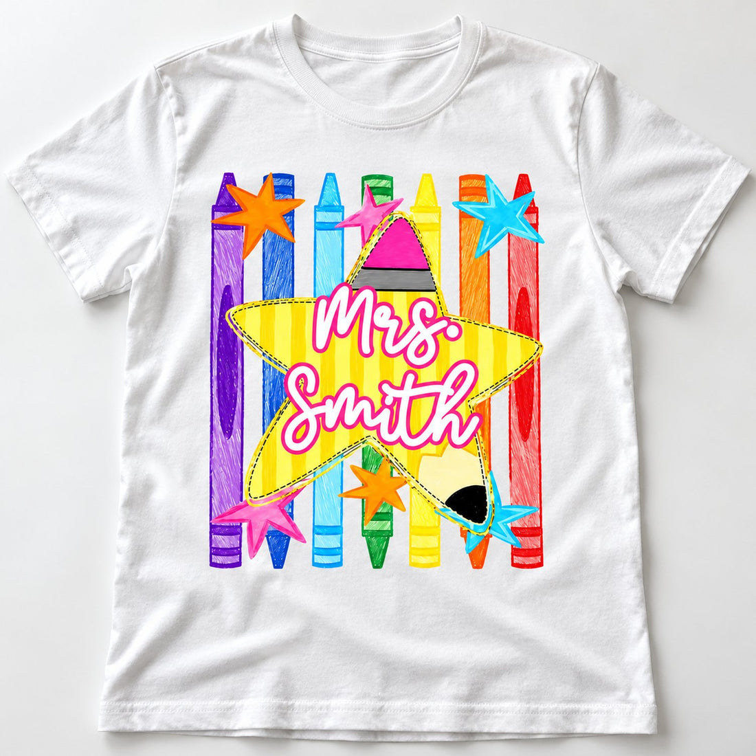 Close up detail of custom teacher name pencil star and crayons print on white cotton shirt