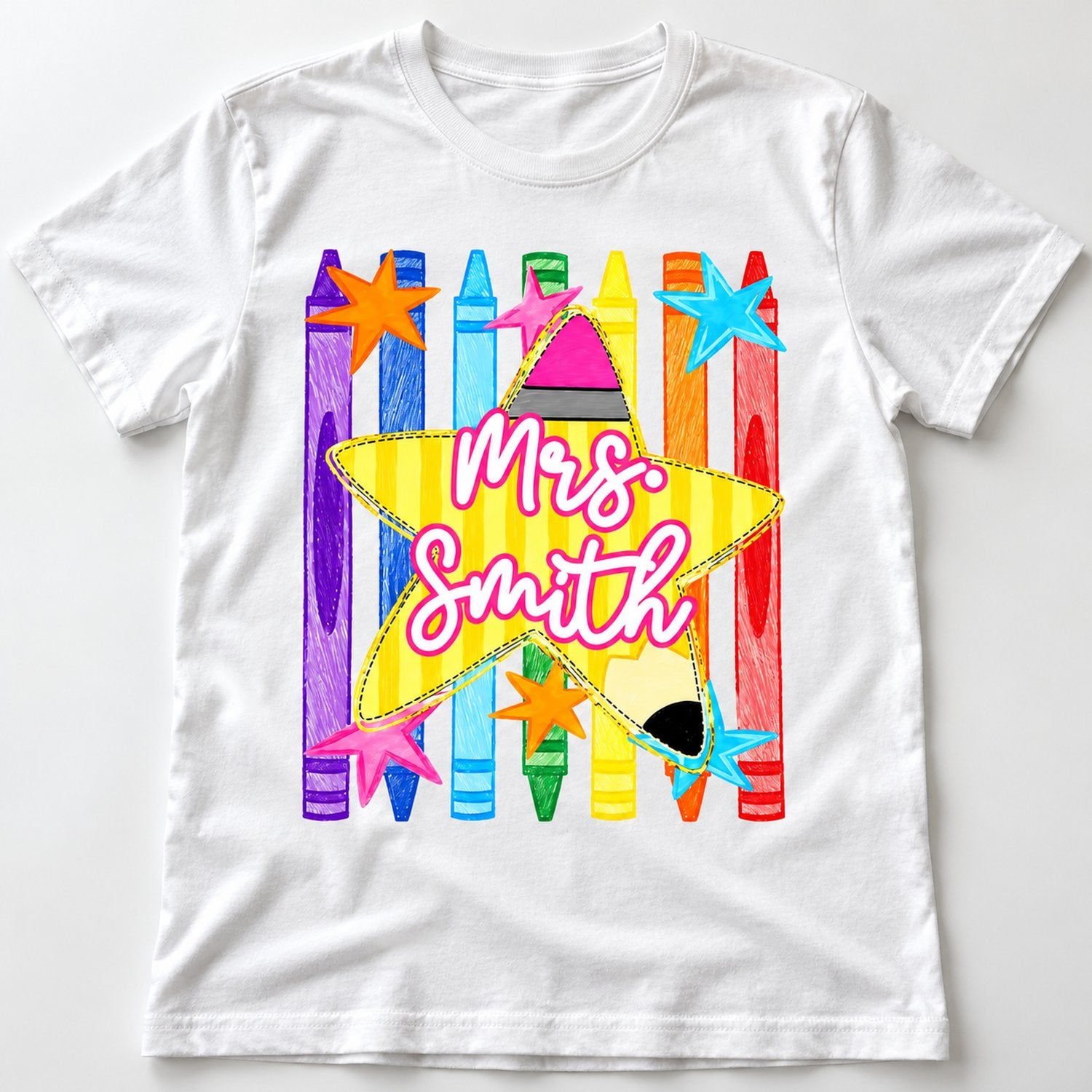 Close up detail of custom teacher name pencil star and crayons print on white cotton shirt