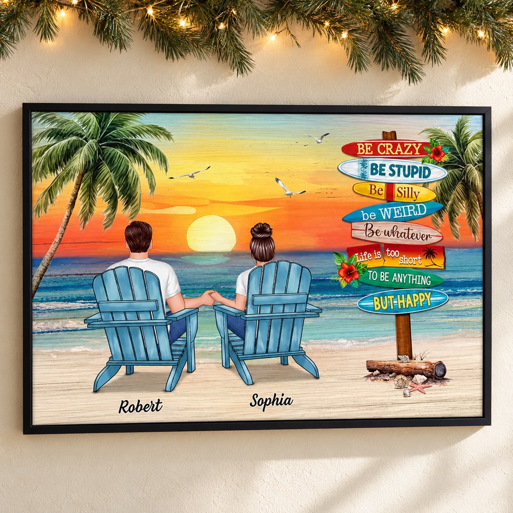 Personalized summer couple beach poster hanging on a wall with holiday garland and fairy lights