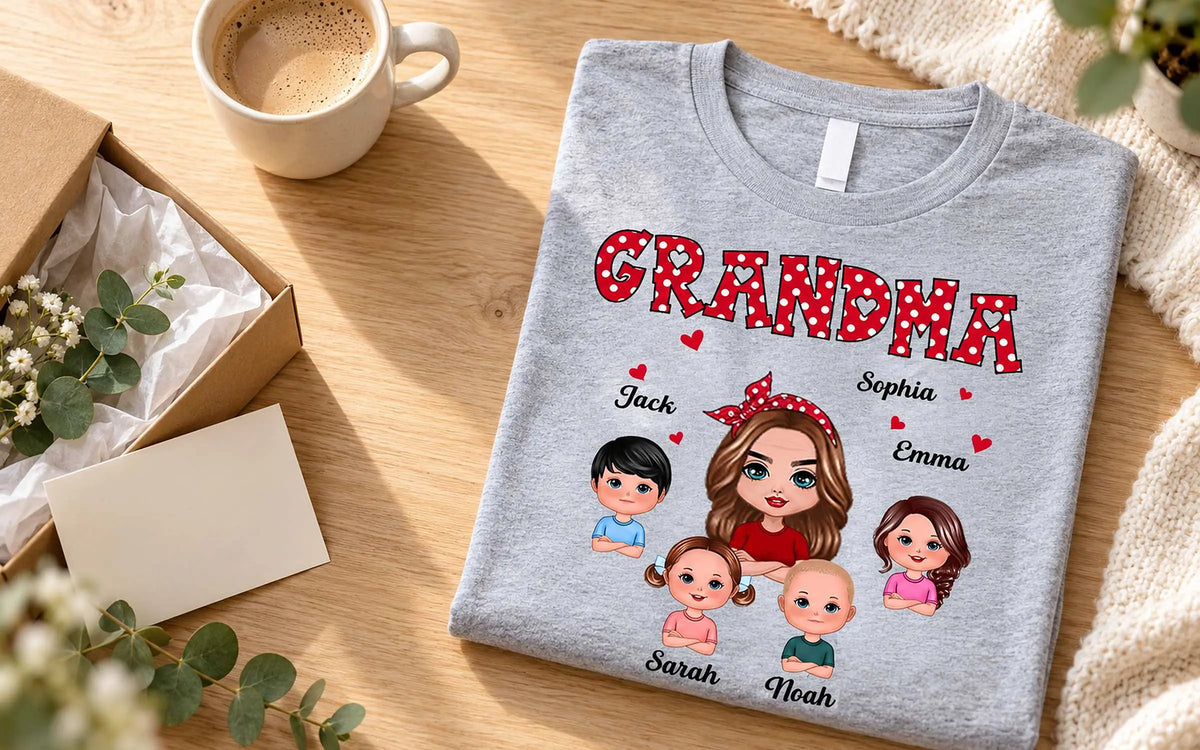 Personalized Grandma t-shirt with grandkids' names folded beside a gift box
