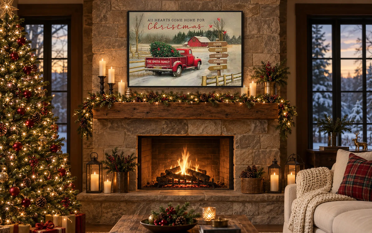 Personalized All Hearts Come Home for Christmas canvas above a cozy fireplace mantel