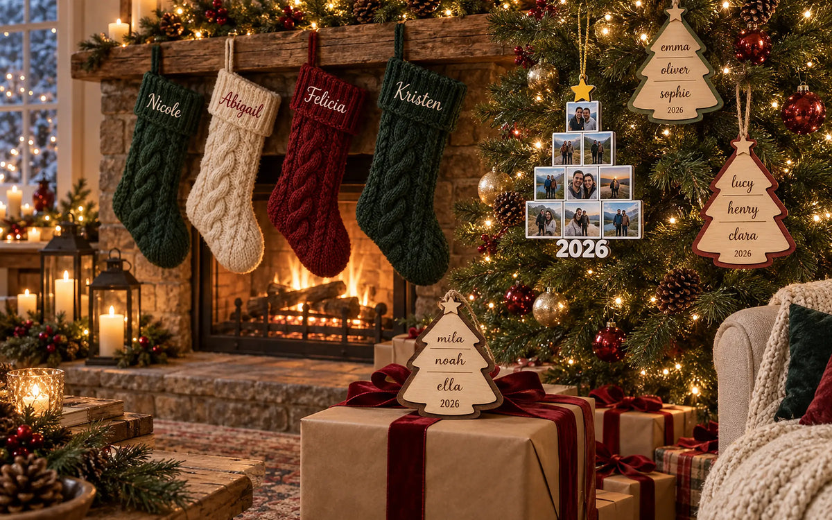Personalized knitted Christmas stockings, photo tree acrylic ornament and engraved wood family ornaments by the fireplace