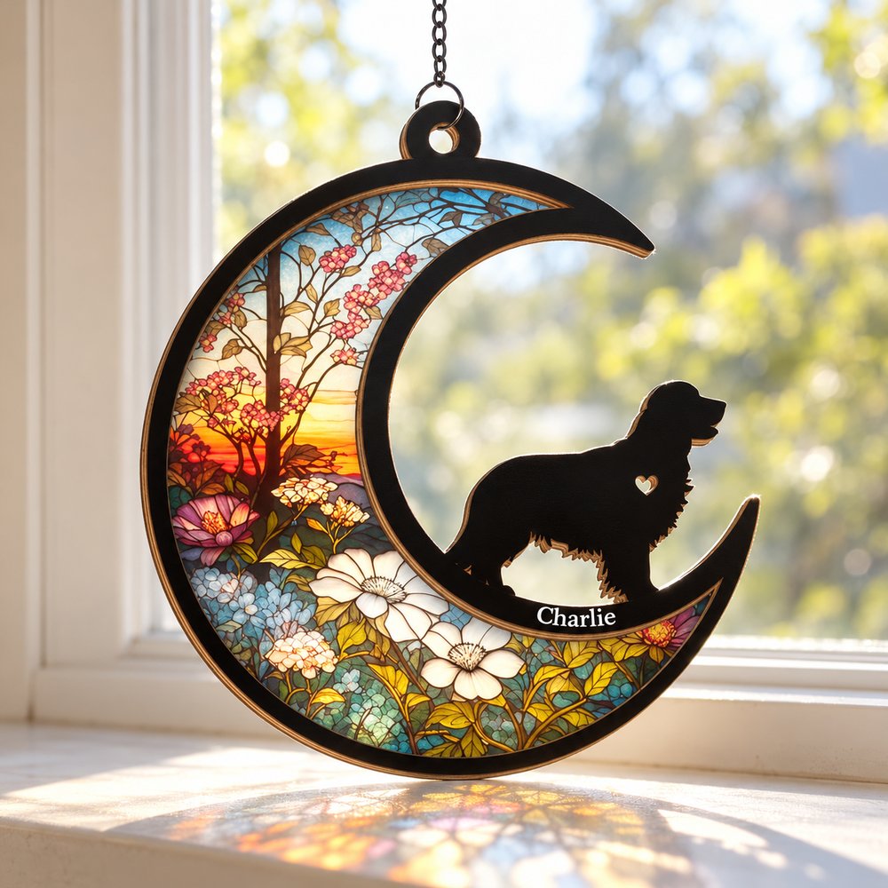 Personalized dog memorial crescent moon suncatcher hanging in a bright sunlit window