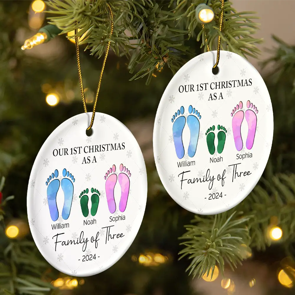 First Christmas As A Family Of Four Footprints - Personalized Circle Ceramic Ornament - Babies First Christmas Gifts
