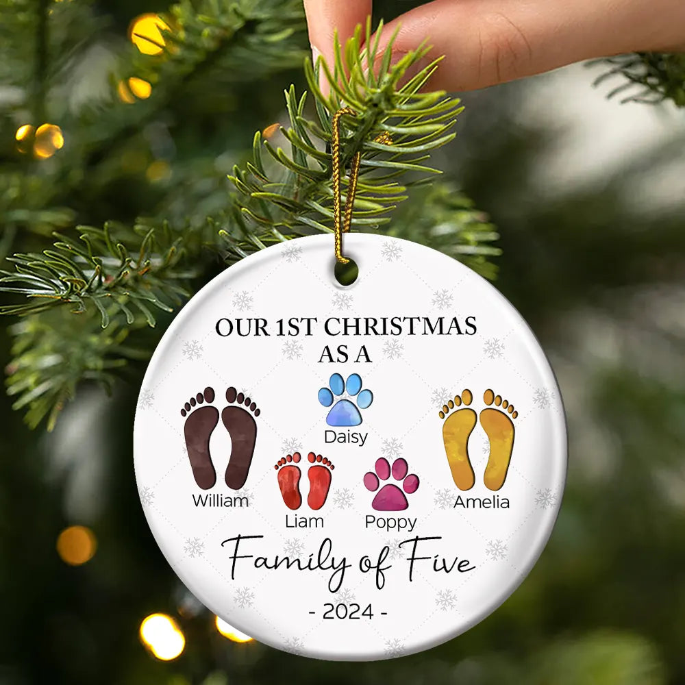 First Christmas As A Family Of Four Footprints - Personalized Circle Ceramic Ornament - Babies First Christmas Gifts