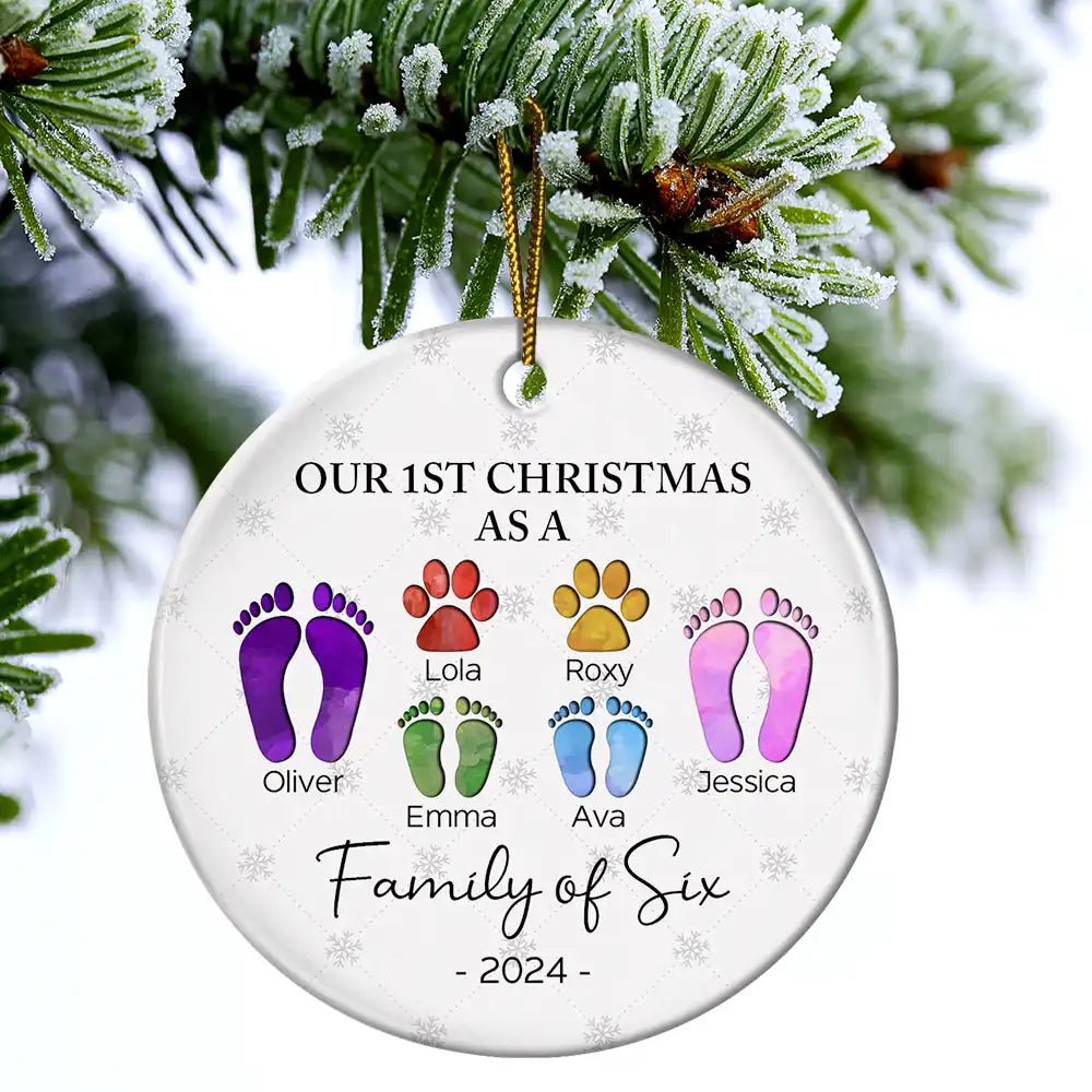 First Christmas As A Family Of Four Footprints - Personalized Circle Ceramic Ornament - Babies First Christmas Gifts