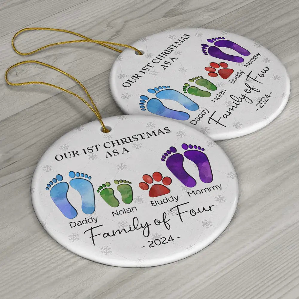 First Christmas As A Family Of Four Footprints - Personalized Circle Ceramic Ornament - Babies First Christmas Gifts