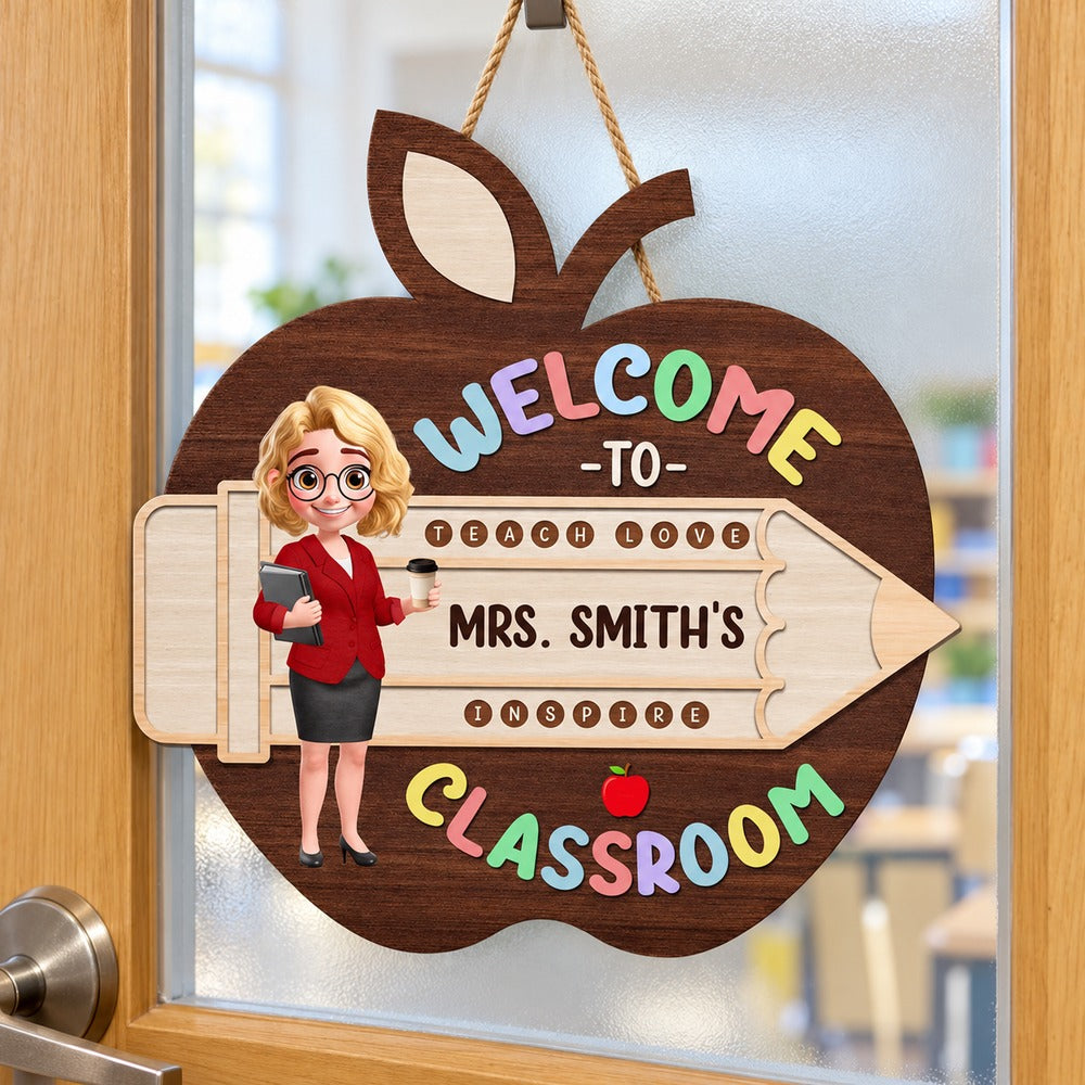 Personalized teacher apple wood sign Mrs Smiths hanging on a bright classroom door