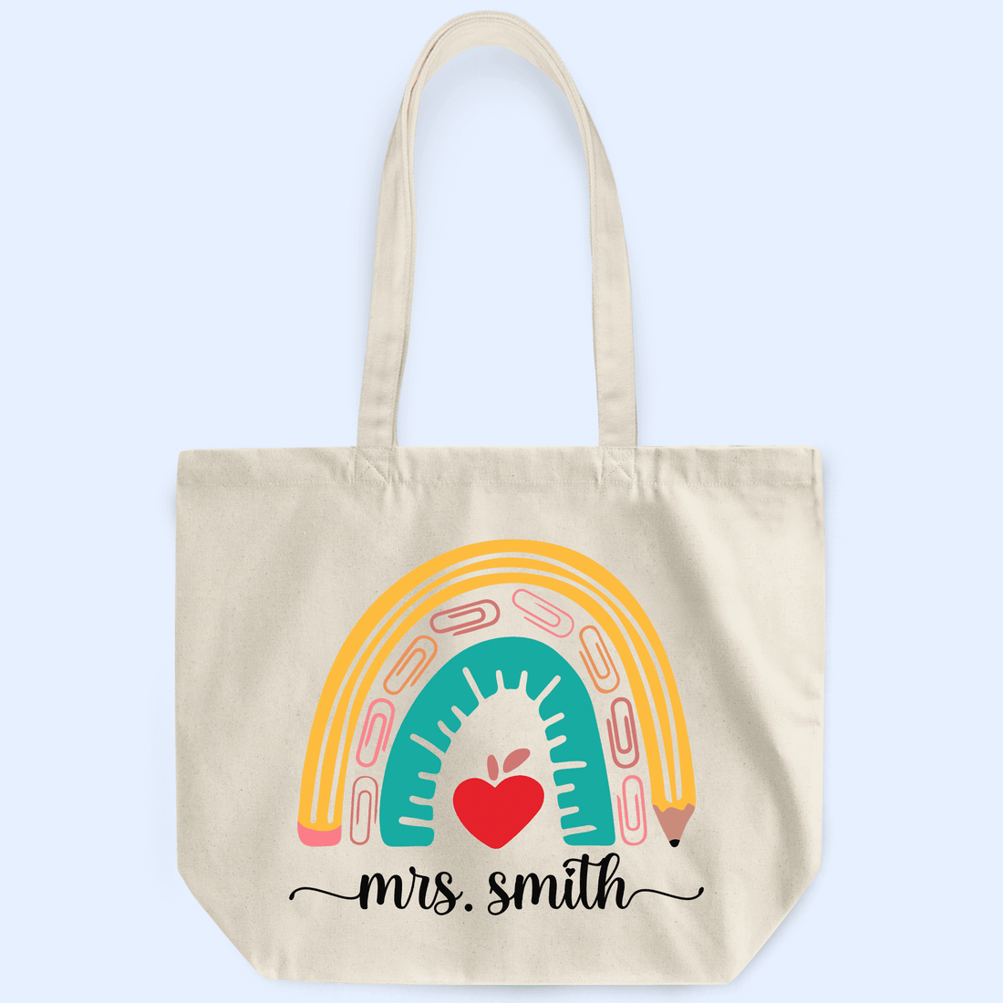 Personalized Teacher Appreciation Boho Pencil Rainbow tote bag, alternate view 2