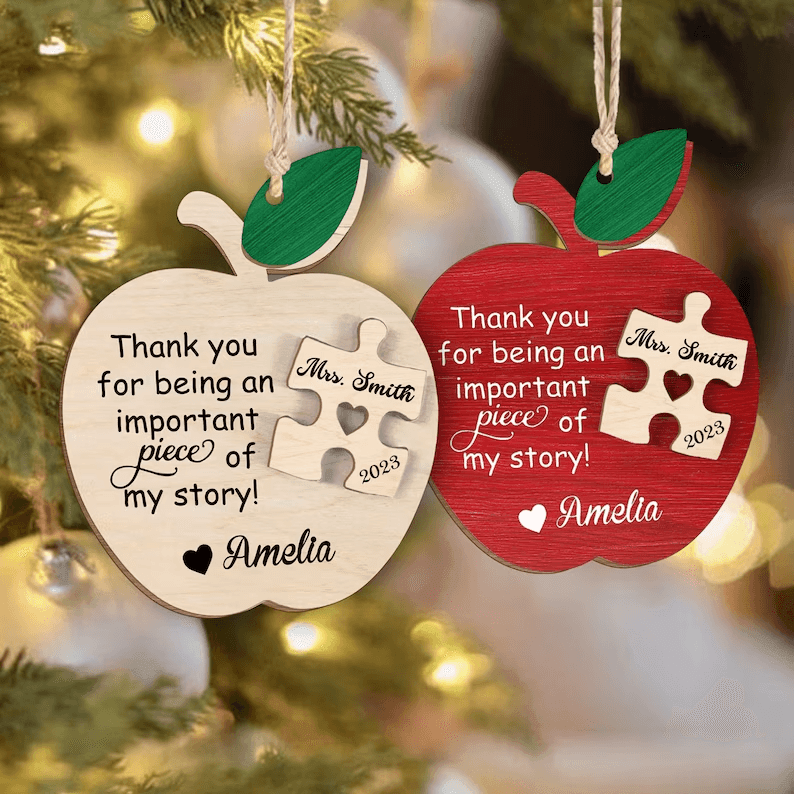 Teacher Christmas Ornament 2 layers custom shaped wooden ornament, alternate view 2