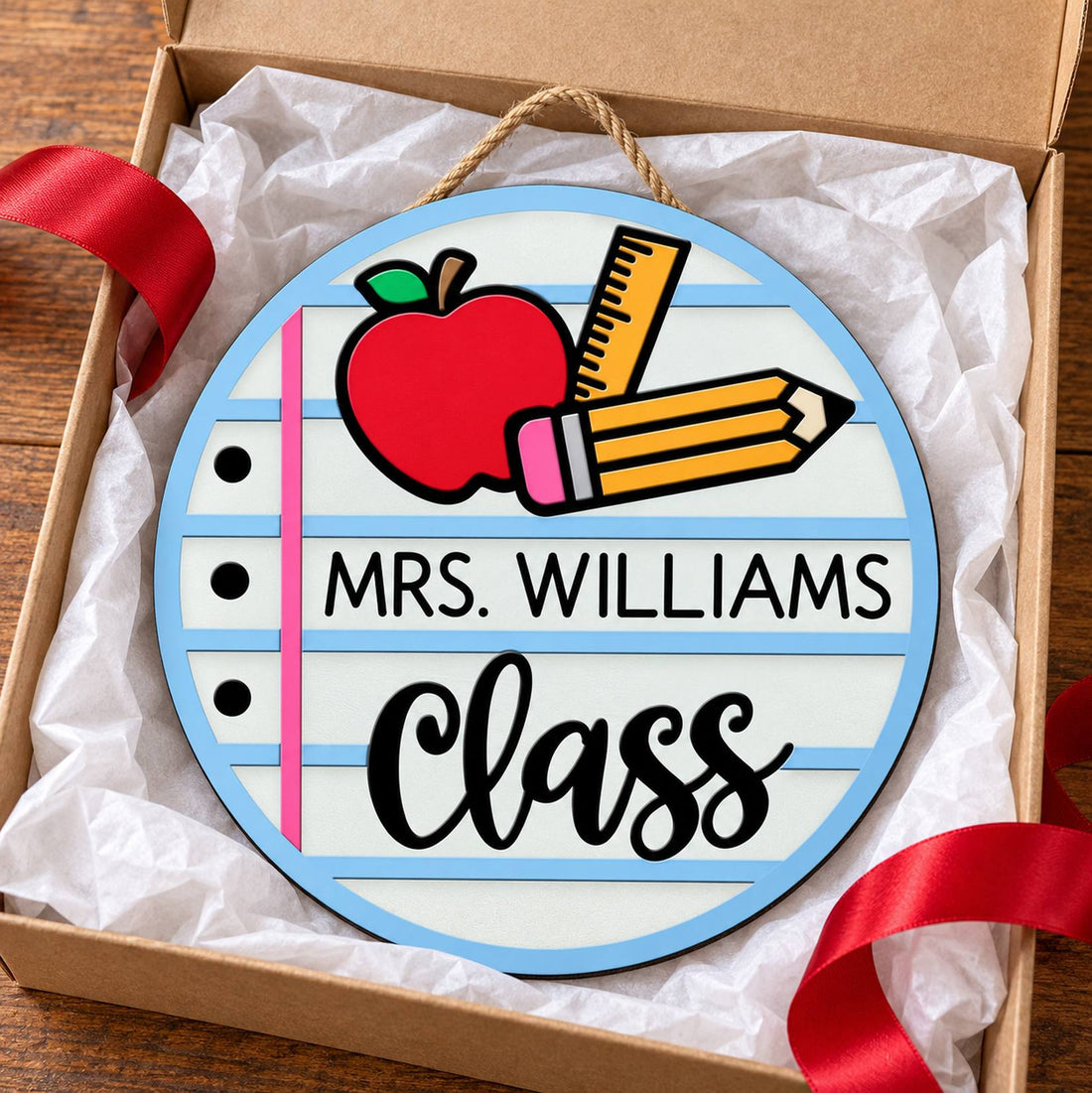 Teacher Class personalized round wood sign in an open gift box with ribbon