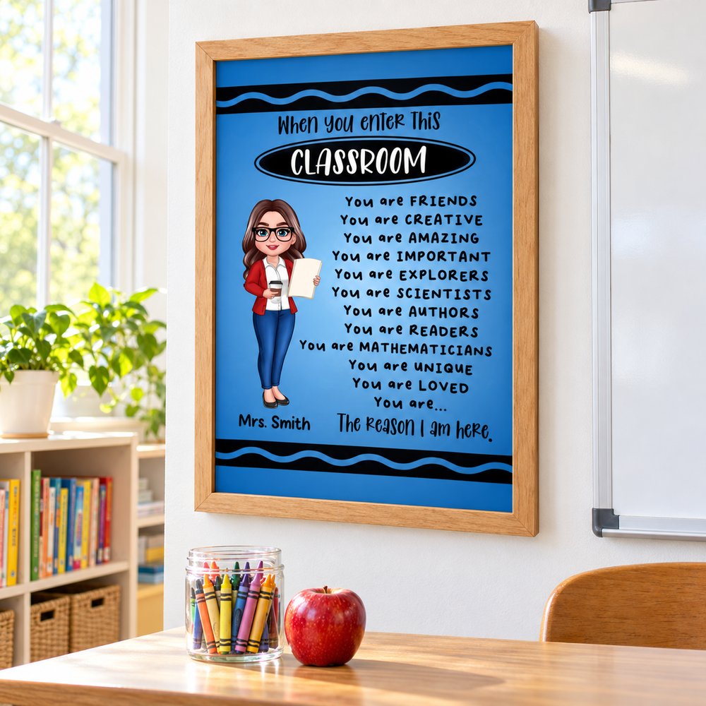 Personalized teacher crayon pattern classroom poster hanging on a bright classroom wall