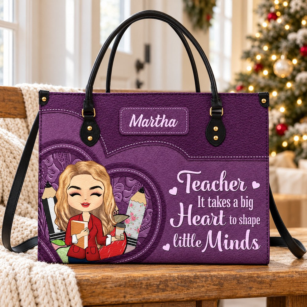 Personalized purple Martha teacher leather handbag standing near a Christmas tree