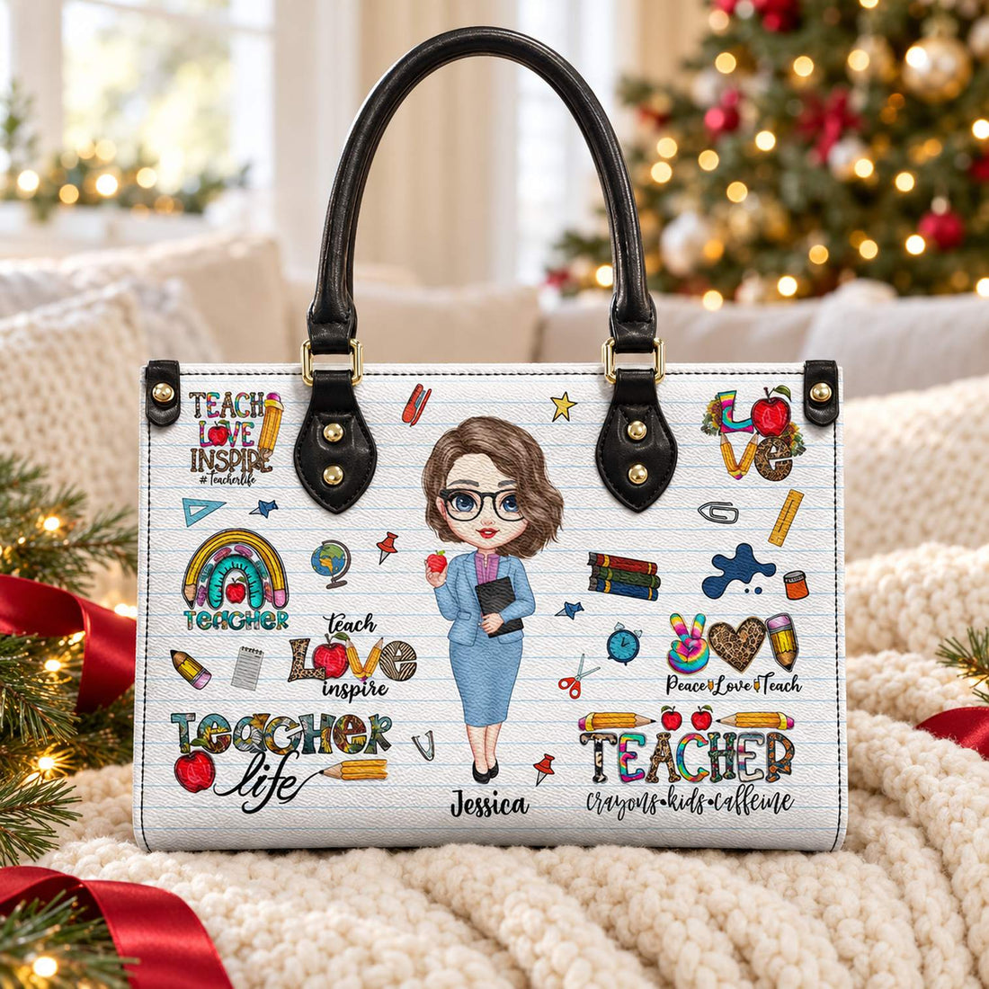 Personalized Teacher Life leather handbag Jessica in a bright Christmas living room setting