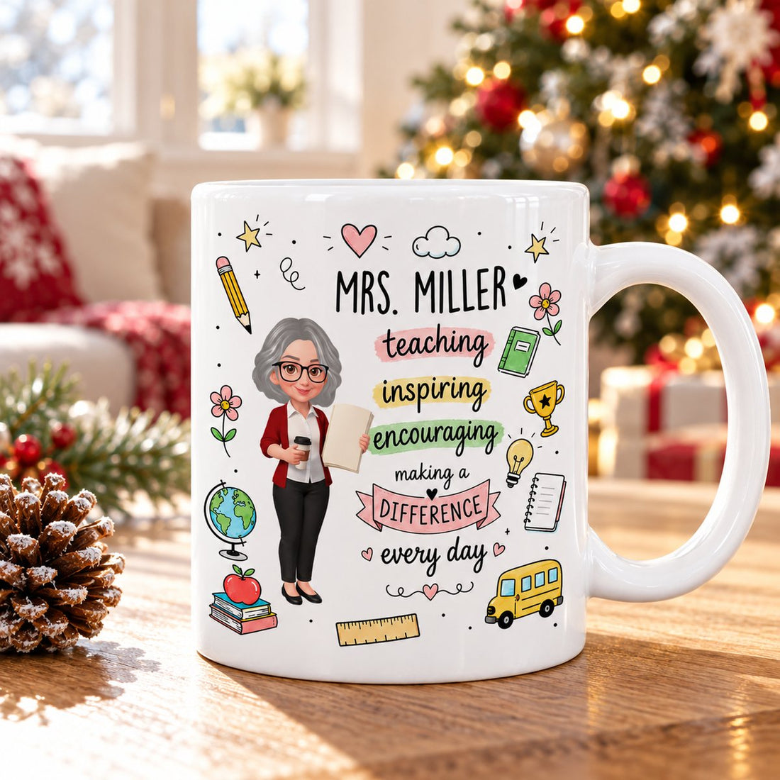 Custom teacher coffee mug in a bright holiday Christmas setting