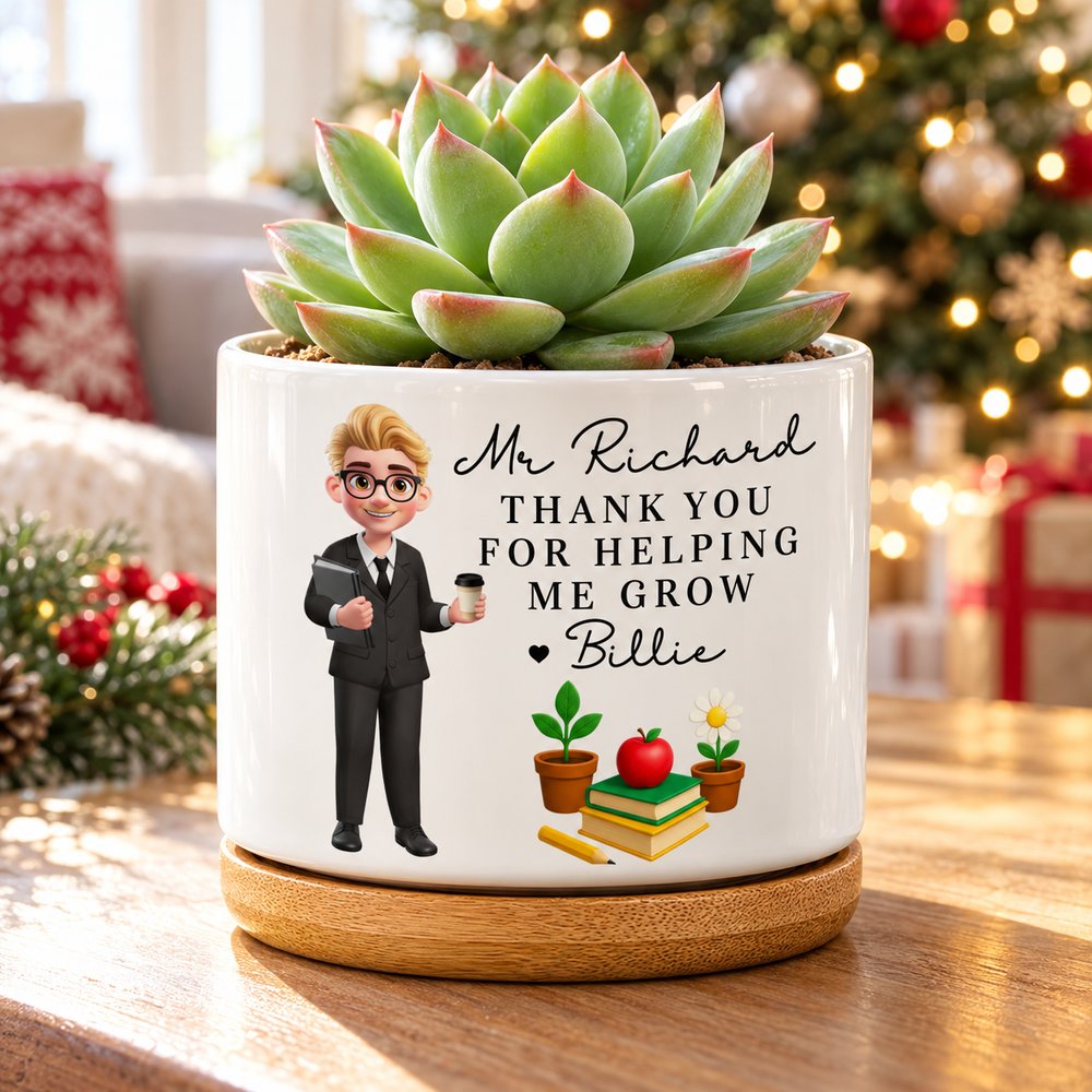 Teacher thank you ceramic plant pot displayed in a bright cozy holiday living room setting