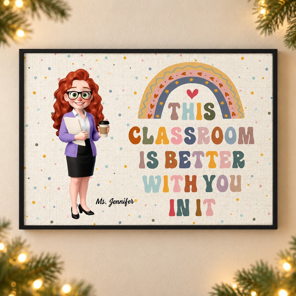 Custom teacher classroom poster displayed on a wall with holiday greenery and fairy lights