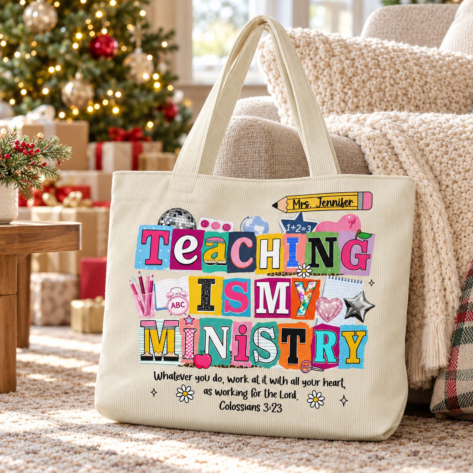 Personalized Teaching Is My Ministry corduroy tote bag by a cozy armchair with Christmas tree in background