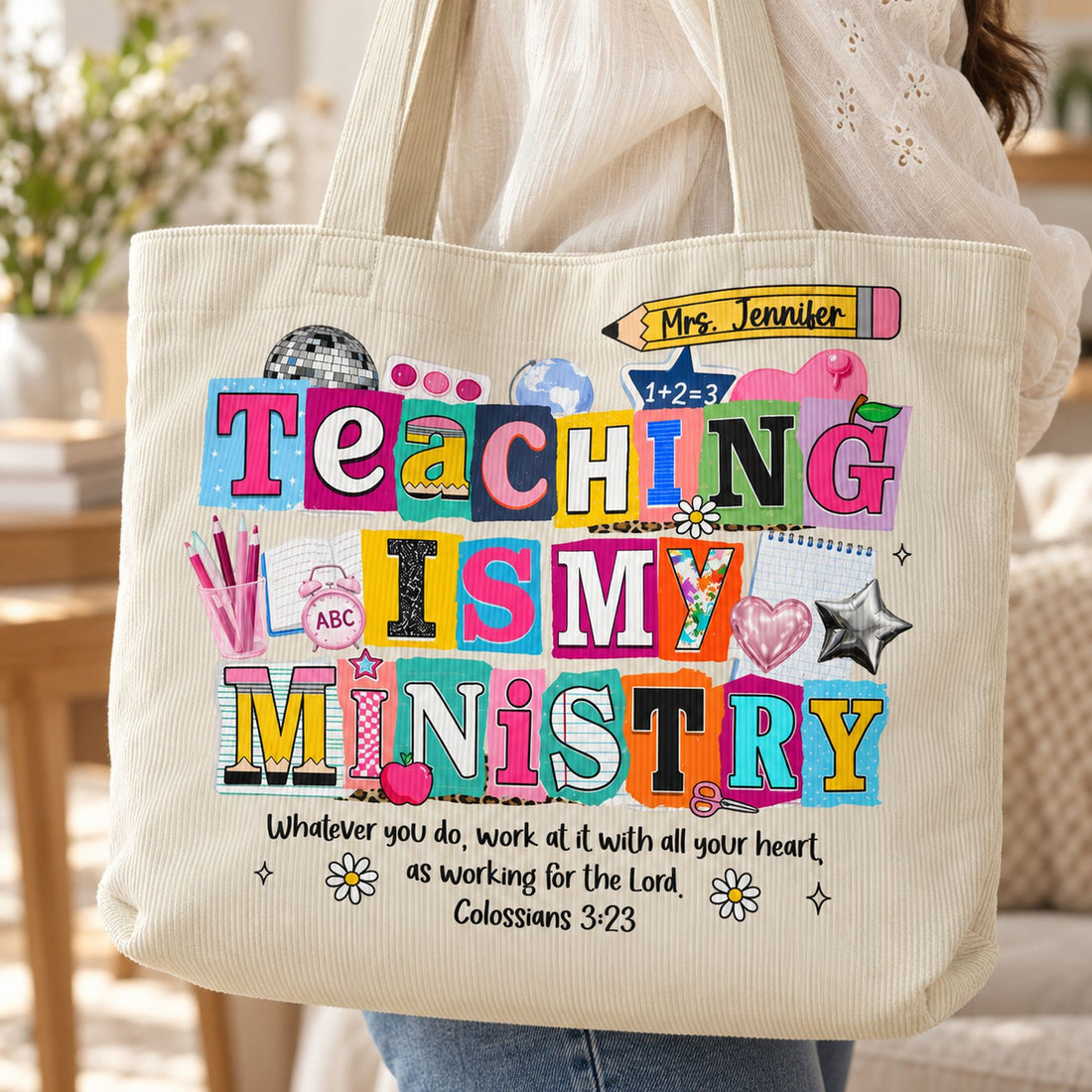 Close-up of vertical corduroy texture and colorful Teaching Is My Ministry print details