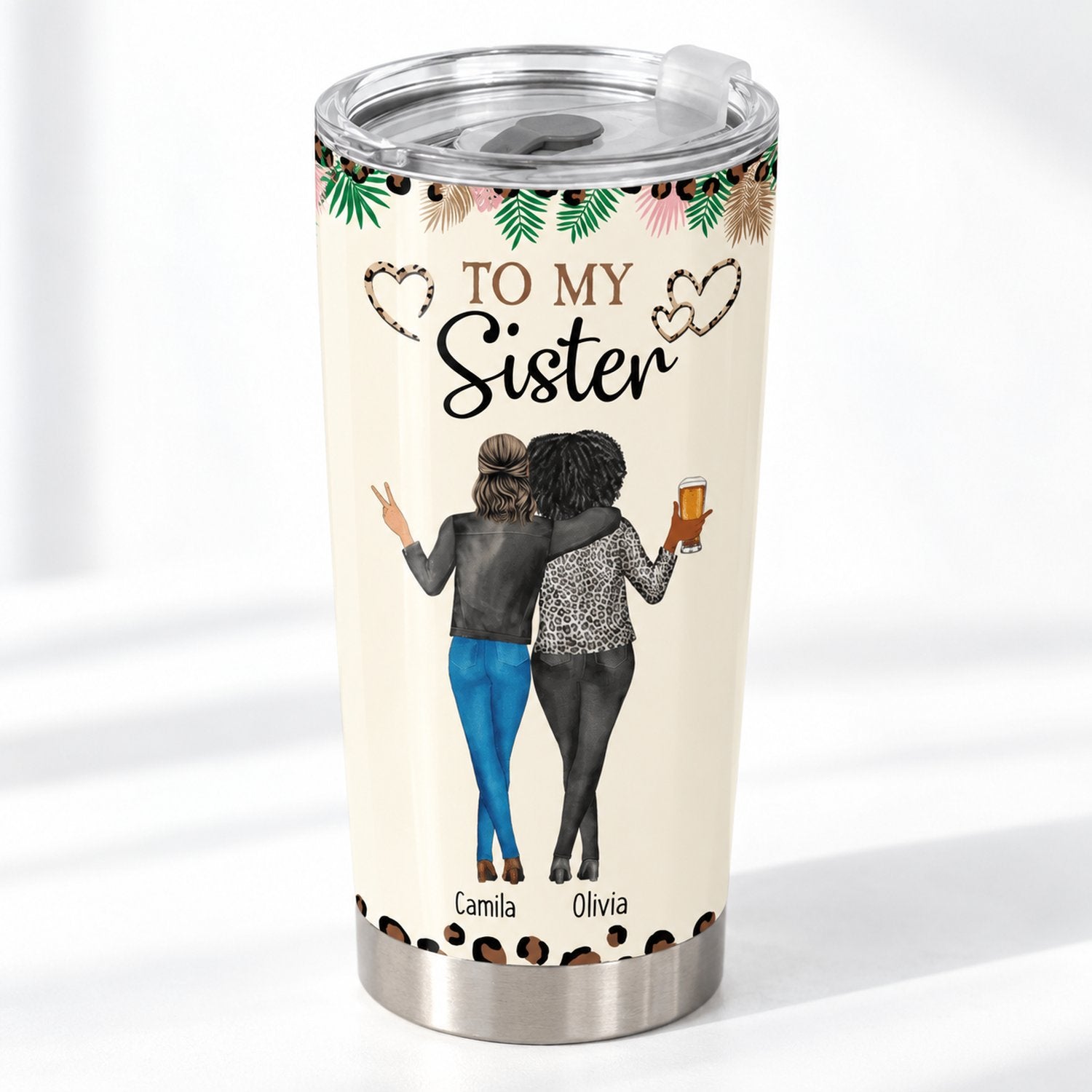 Close up detail of personalized 20oz fat tumbler print finish and steel base