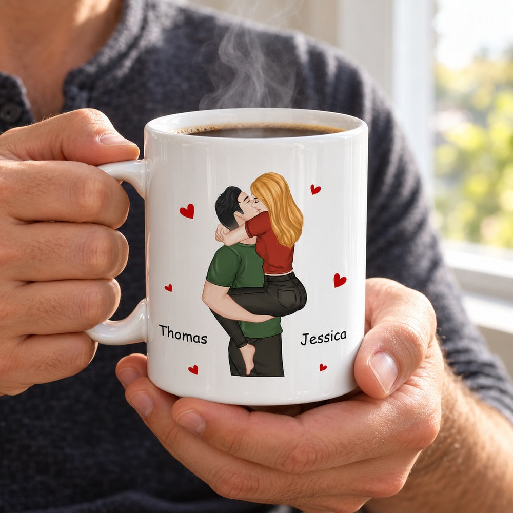 Husband holding personalized romantic couple 11oz ceramic mug with morning coffee