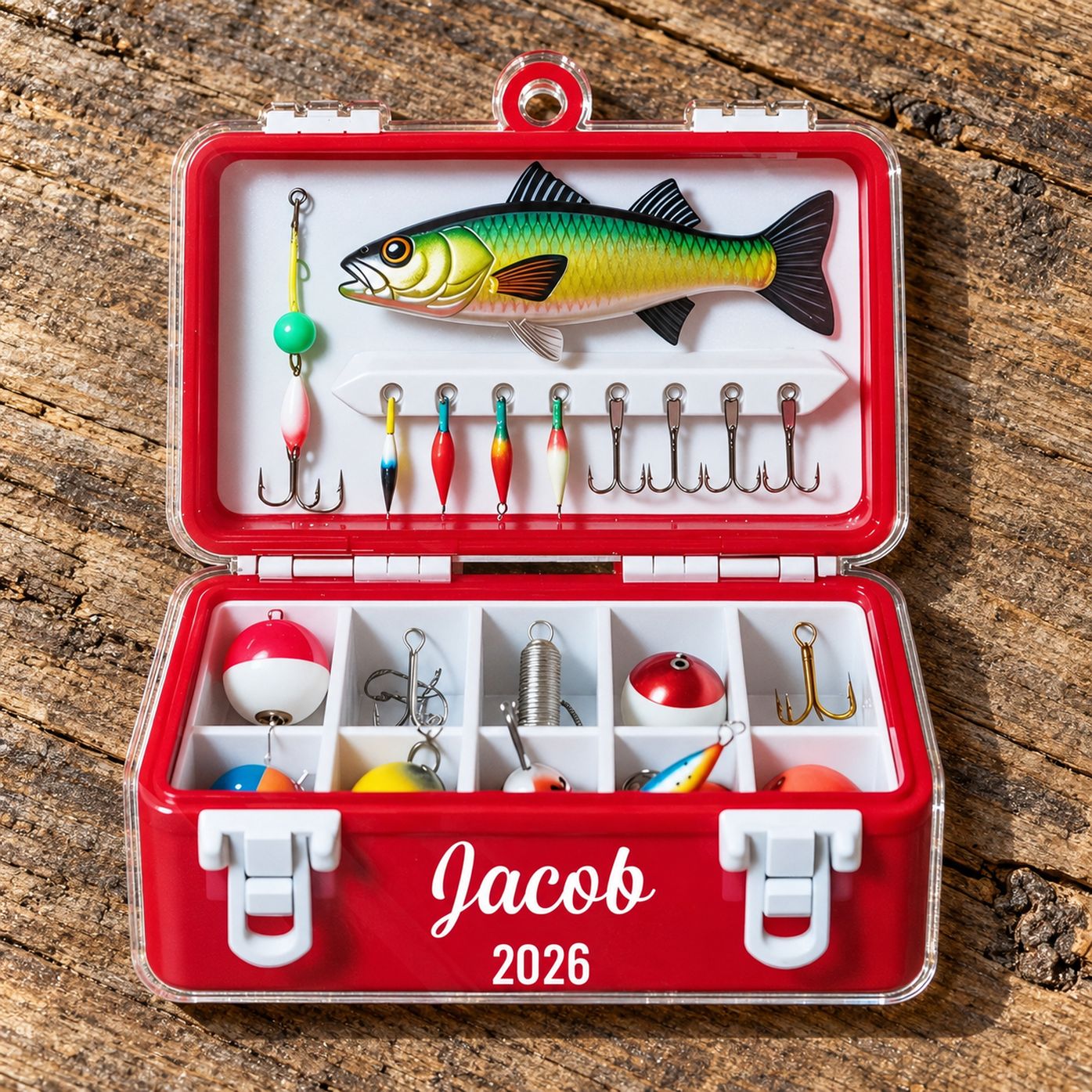 Macro closeup of custom shaped fishing tackle box acrylic ornament print and edge