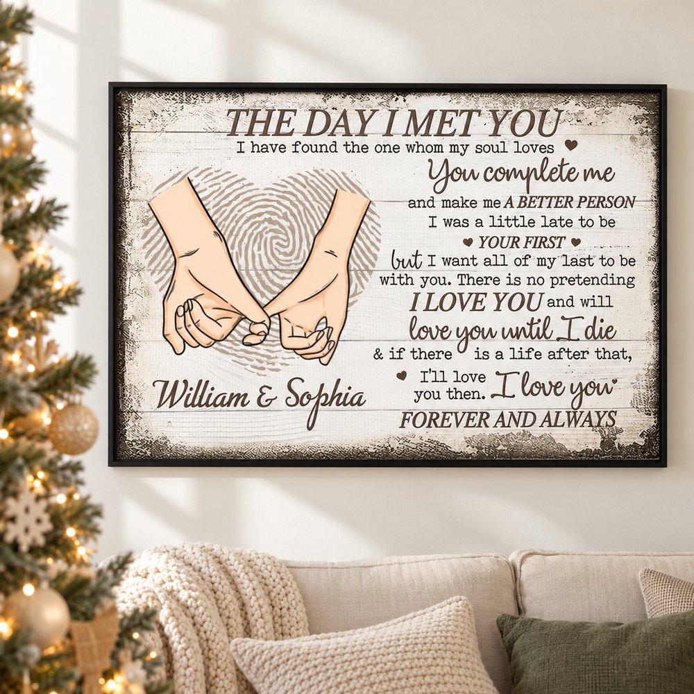 Personalized The Day I Met You couple canvas print hanging on wall near Christmas tree