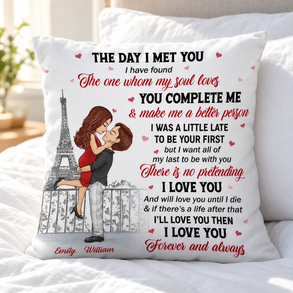 The Day I Met You personalized pillow displayed on a bright bed