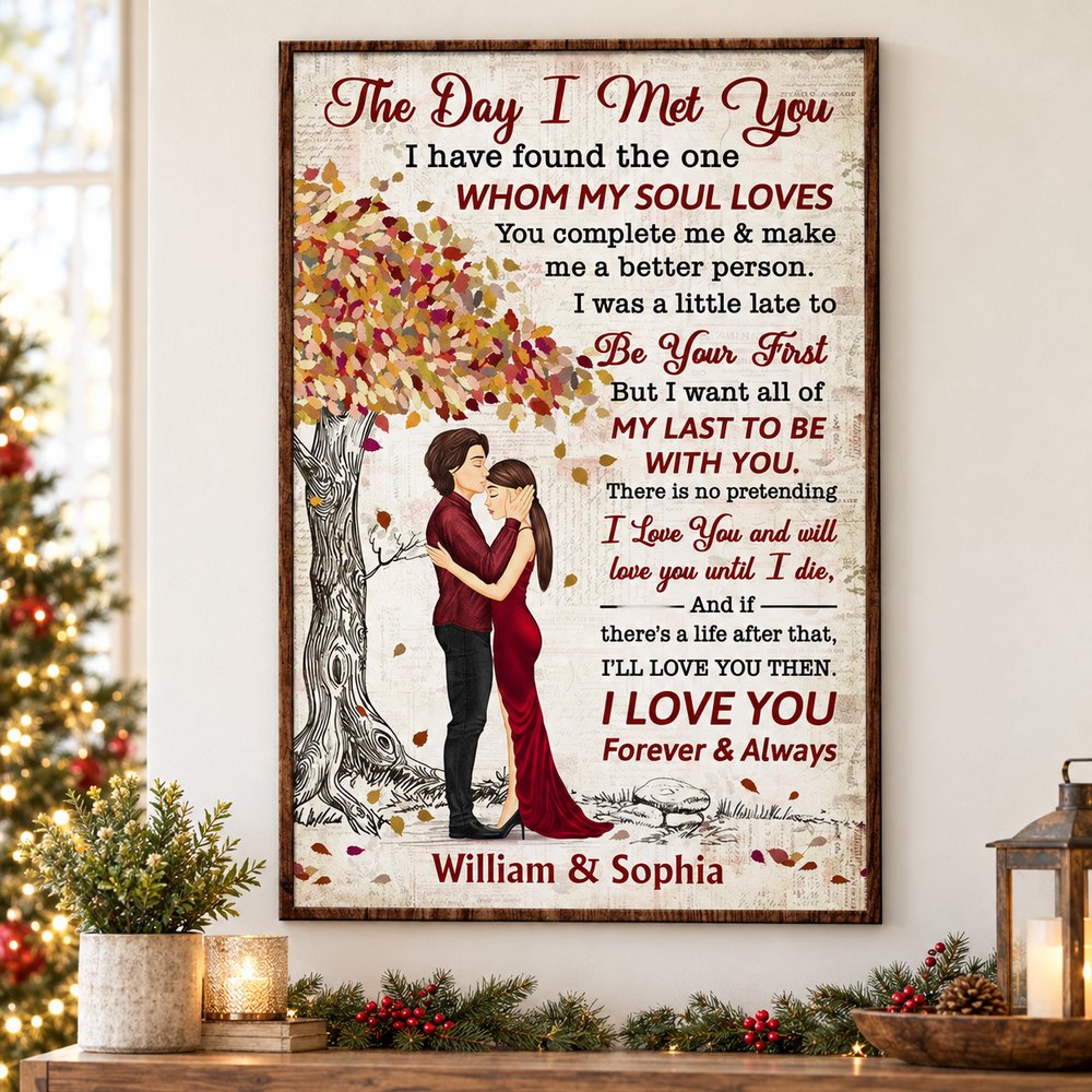 The Day I Met You personalized couple canvas print hanging on wall near Christmas tree