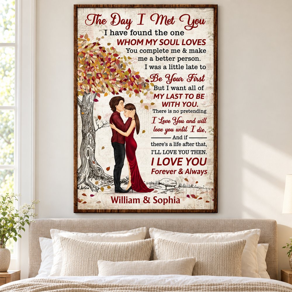 Personalized couple anniversary poster displayed on bedroom wall above headboard