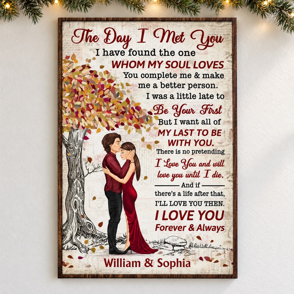 Personalized couple vertical print with autumn tree on wall with holiday garland