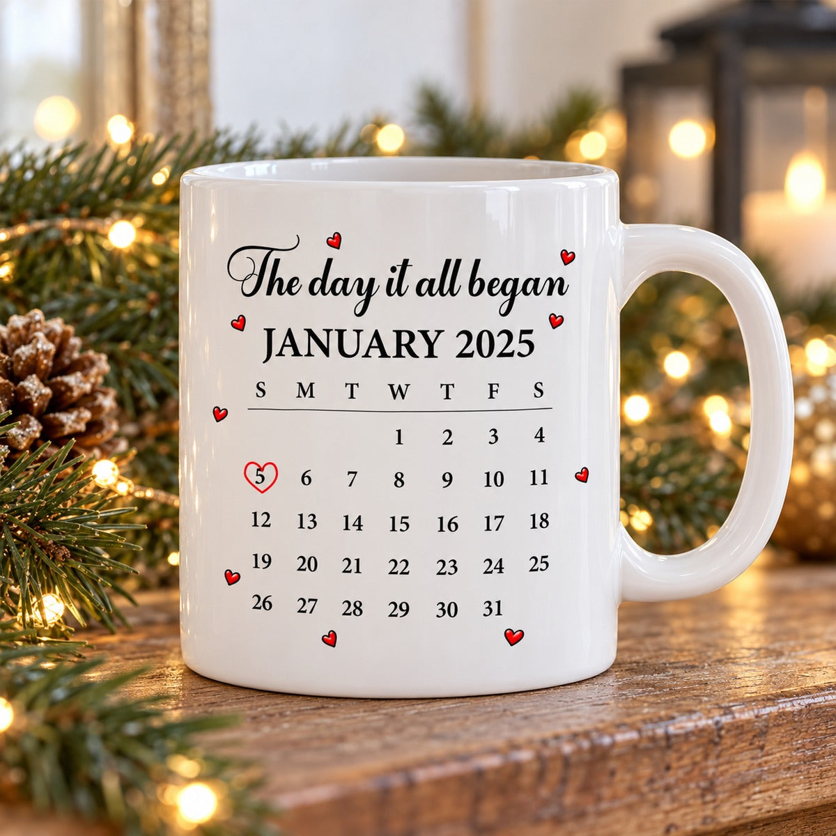 Personalized couple calendar mug on a festive mantel with soft greenery