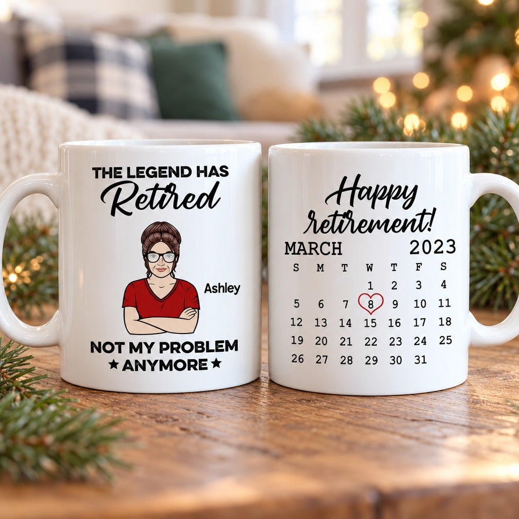 The Legend Has Retired custom mug front and back view in festive setting