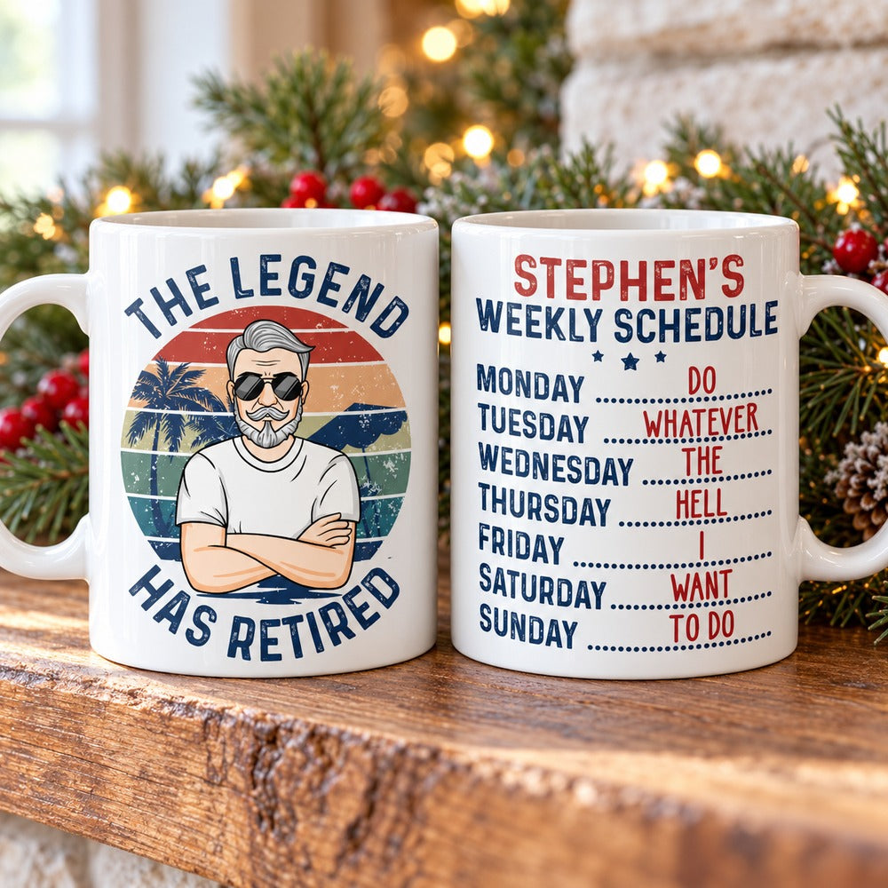 The Legend Has Retired custom mug on a holiday mantel with pine greenery