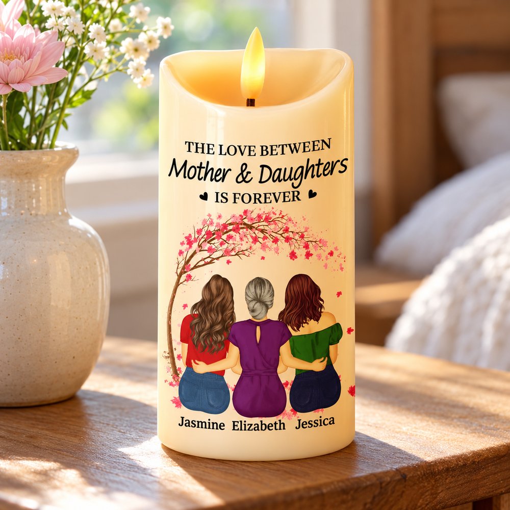 Custom Mother and Daughters LED pillar candle displayed on a bright wooden nightstand