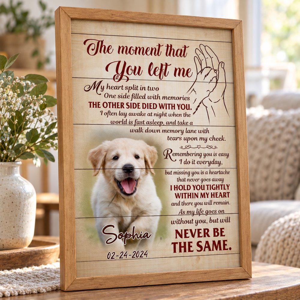 Close-up detail of pet memorial canvas print texture typography and wooden frame