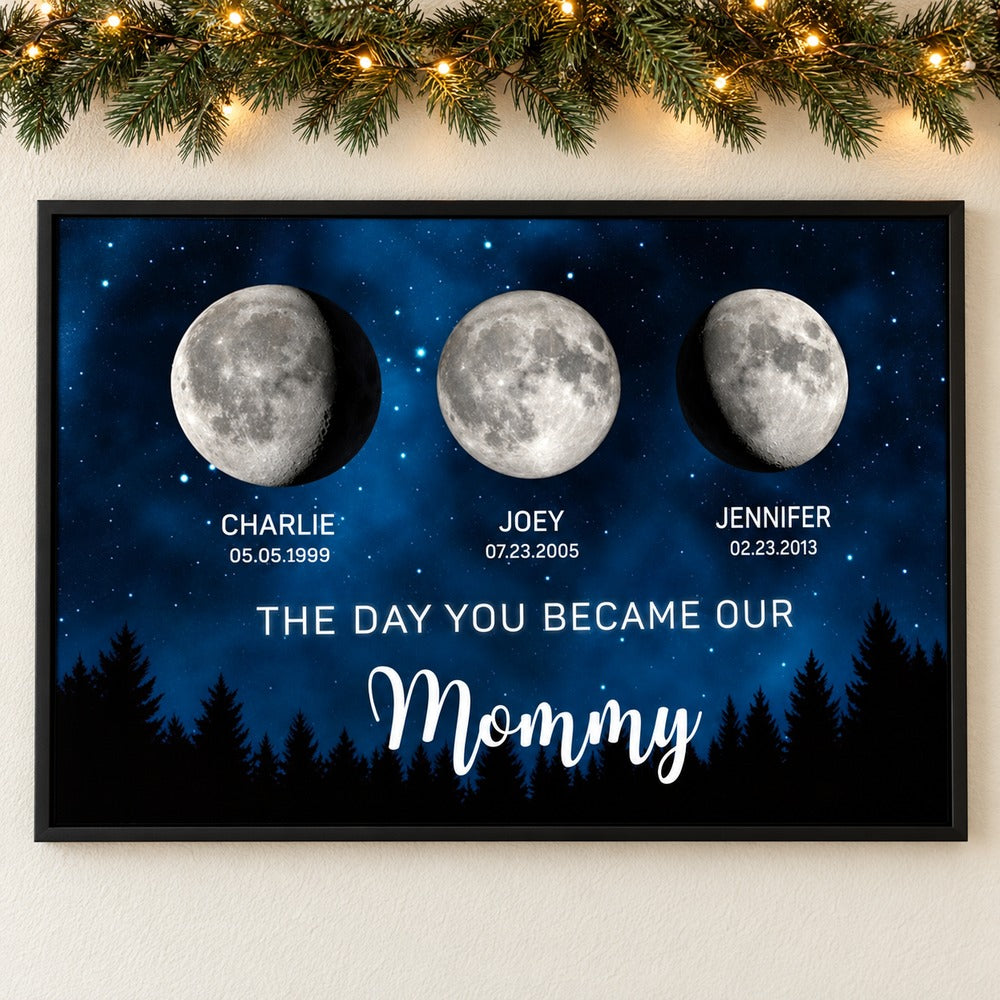 Personalized moon phase Mommy poster on wall with holiday garland and warm fairy lights