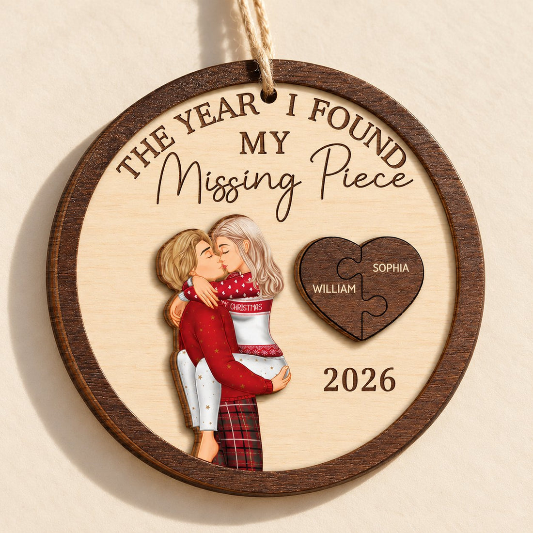 Close-up of personalized 2-layered wood couple ornament showing raised puzzle heart and wood grain