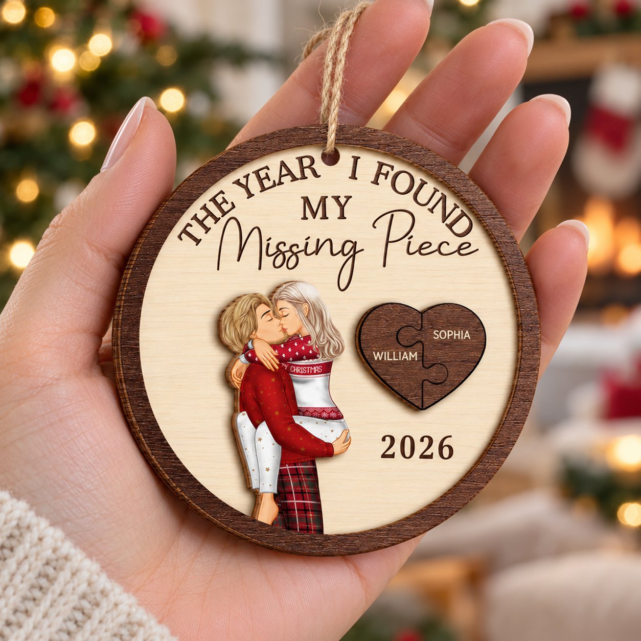 Hand holding personalized Missing Piece couple wood ornament to show real size