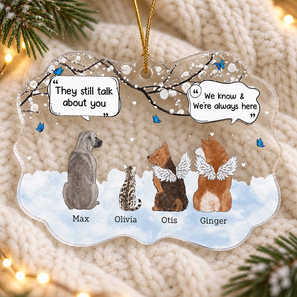 Personalized pet memorial medallion acrylic ornament lying on a cozy knit blanket with pine sprigs