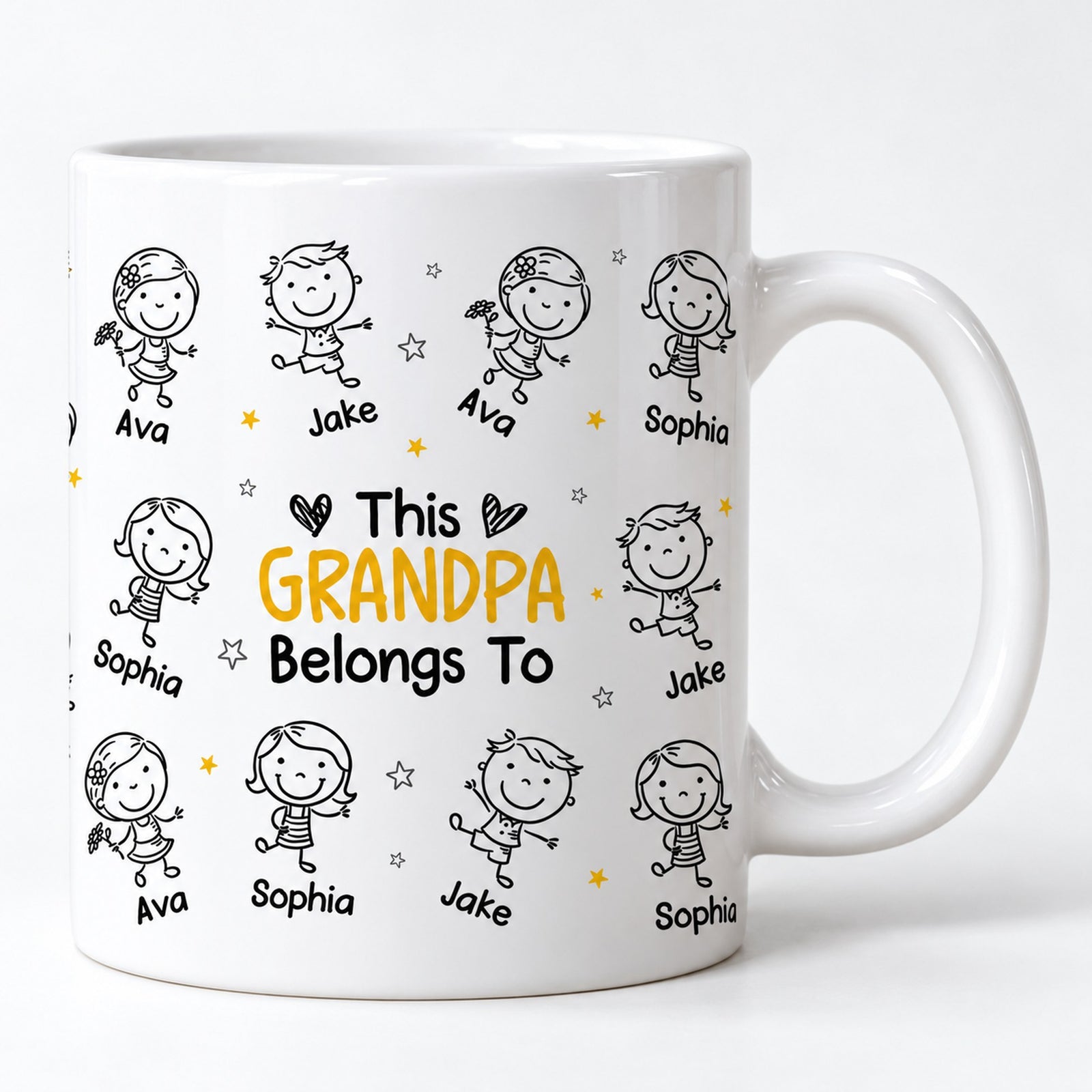 Close up detail of This Grandpa Belongs To mug print and glossy ceramic finish