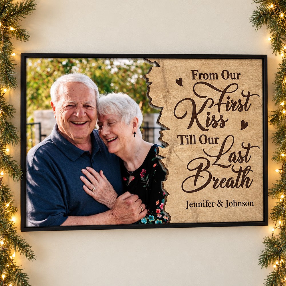 Custom couple photo Till Our Last Breath framed print on wall with Christmas garland