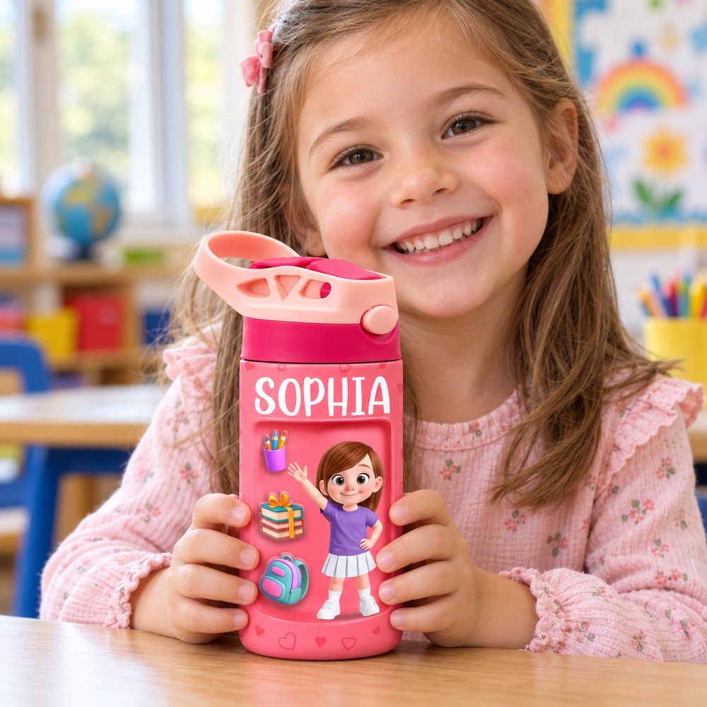 Young girl holding pink personalized kids insulated water bottle at preschool table