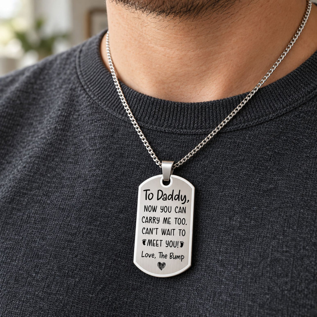 Personalized ultrasound dog tag necklace for new dad worn on a silver chain over a sweater