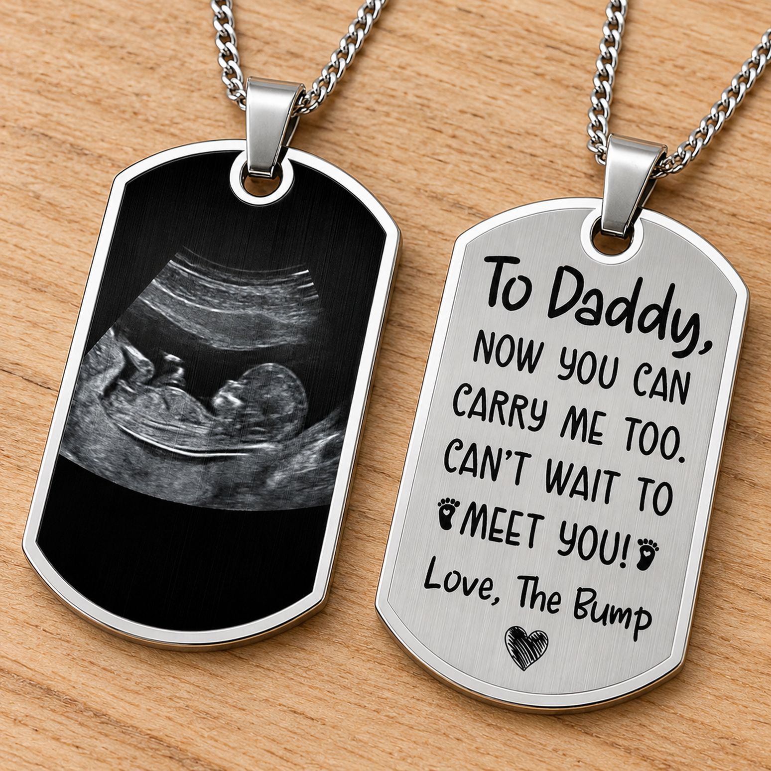 Macro detail of stainless steel personalized dog tag necklace showing brushed finish and engraving