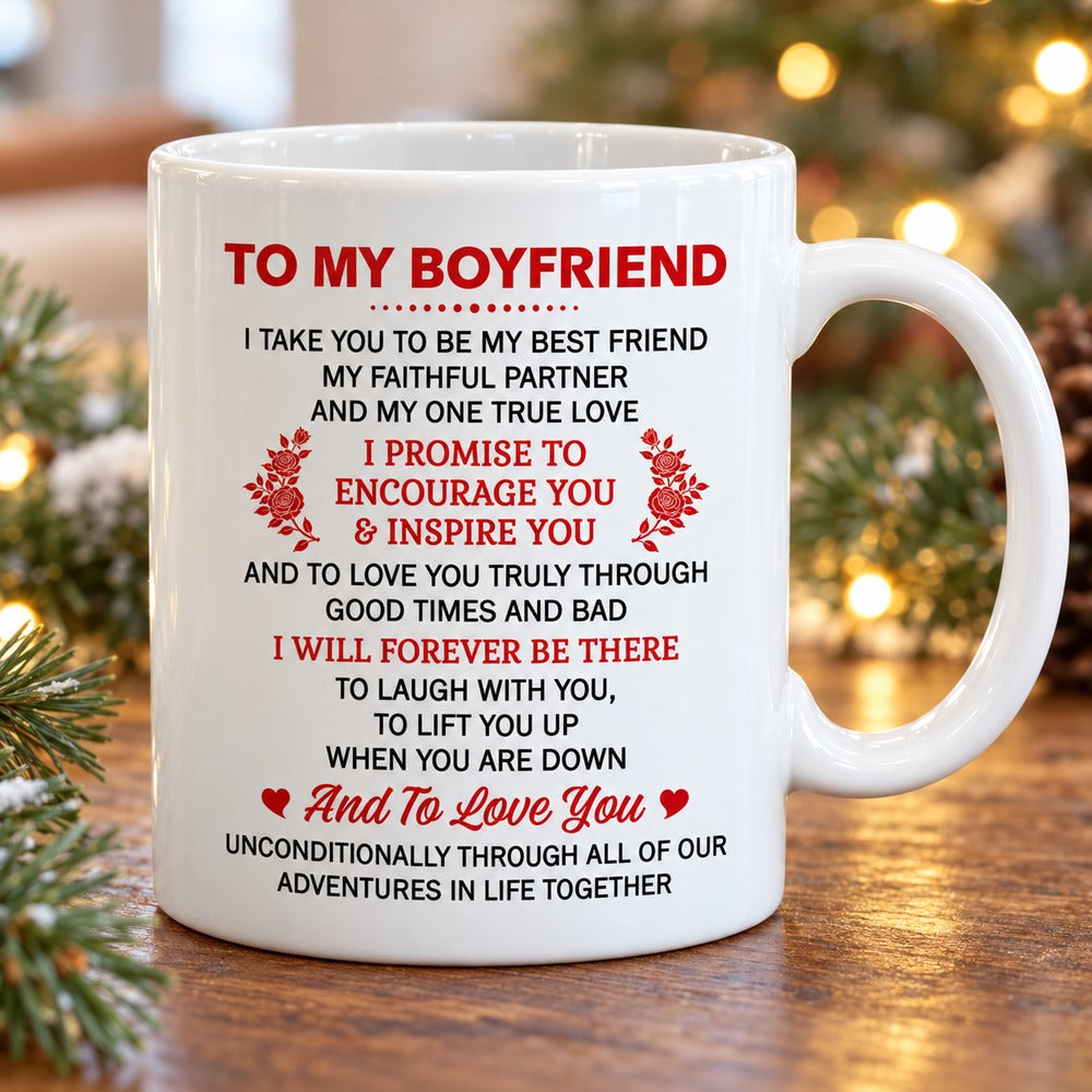 To My Boyfriend personalized ceramic mug on holiday table with pine greenery