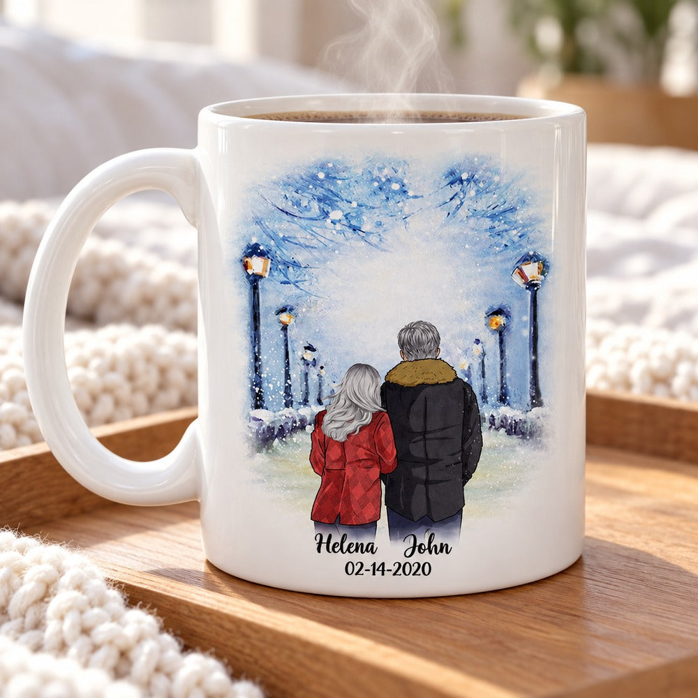 Personalized couple snowy path mug with steam on cozy wooden bedside tray