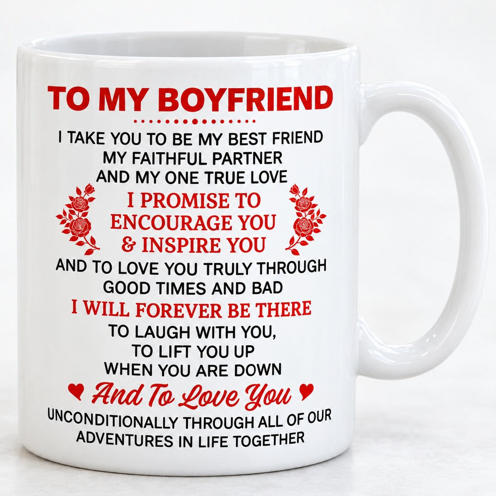 Close-up detail of To My Boyfriend quote and rose print on ceramic mug